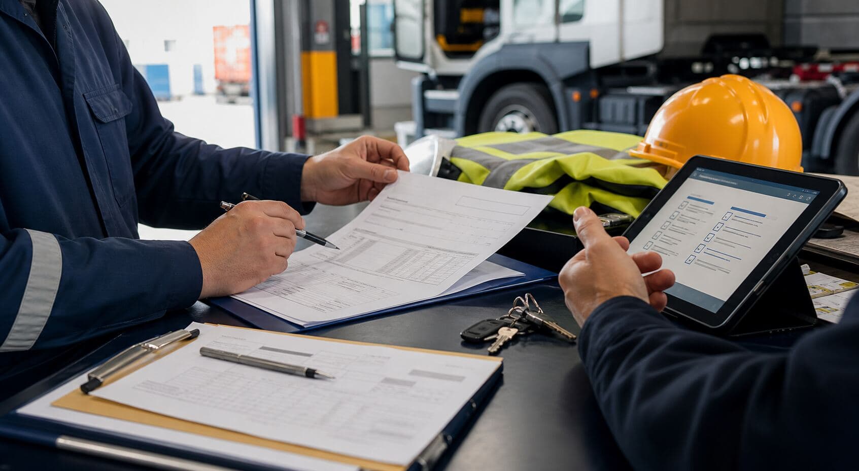 Transport compliance documents and digital checklist beside depot safety equipment