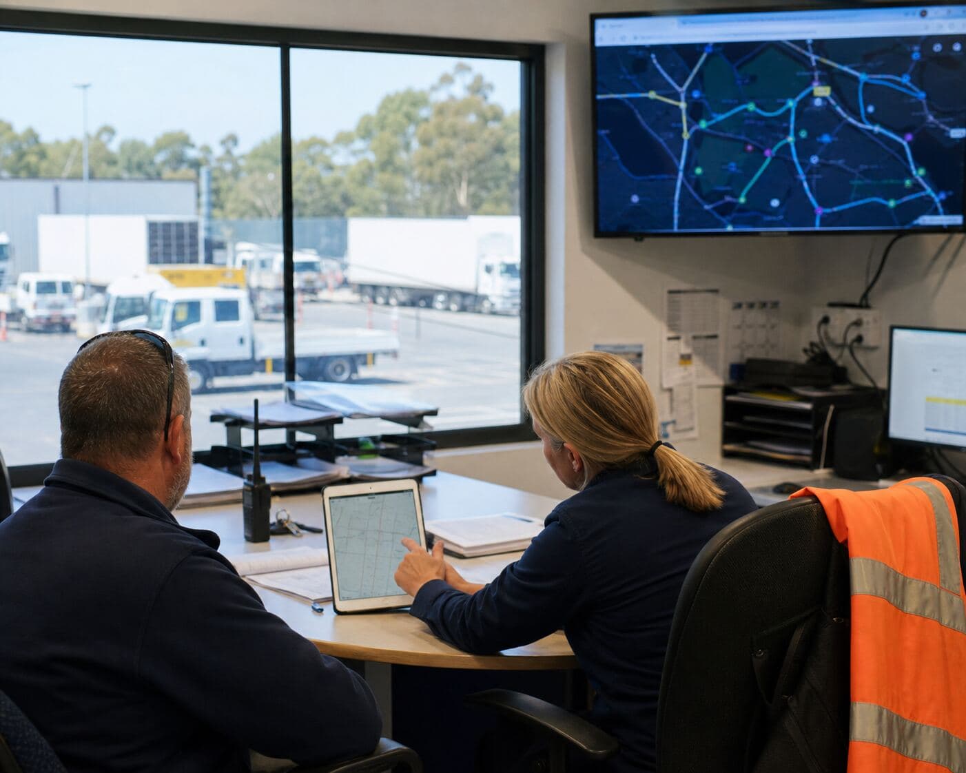 Transport dispatch team reviewing route planning from a depot operations office
