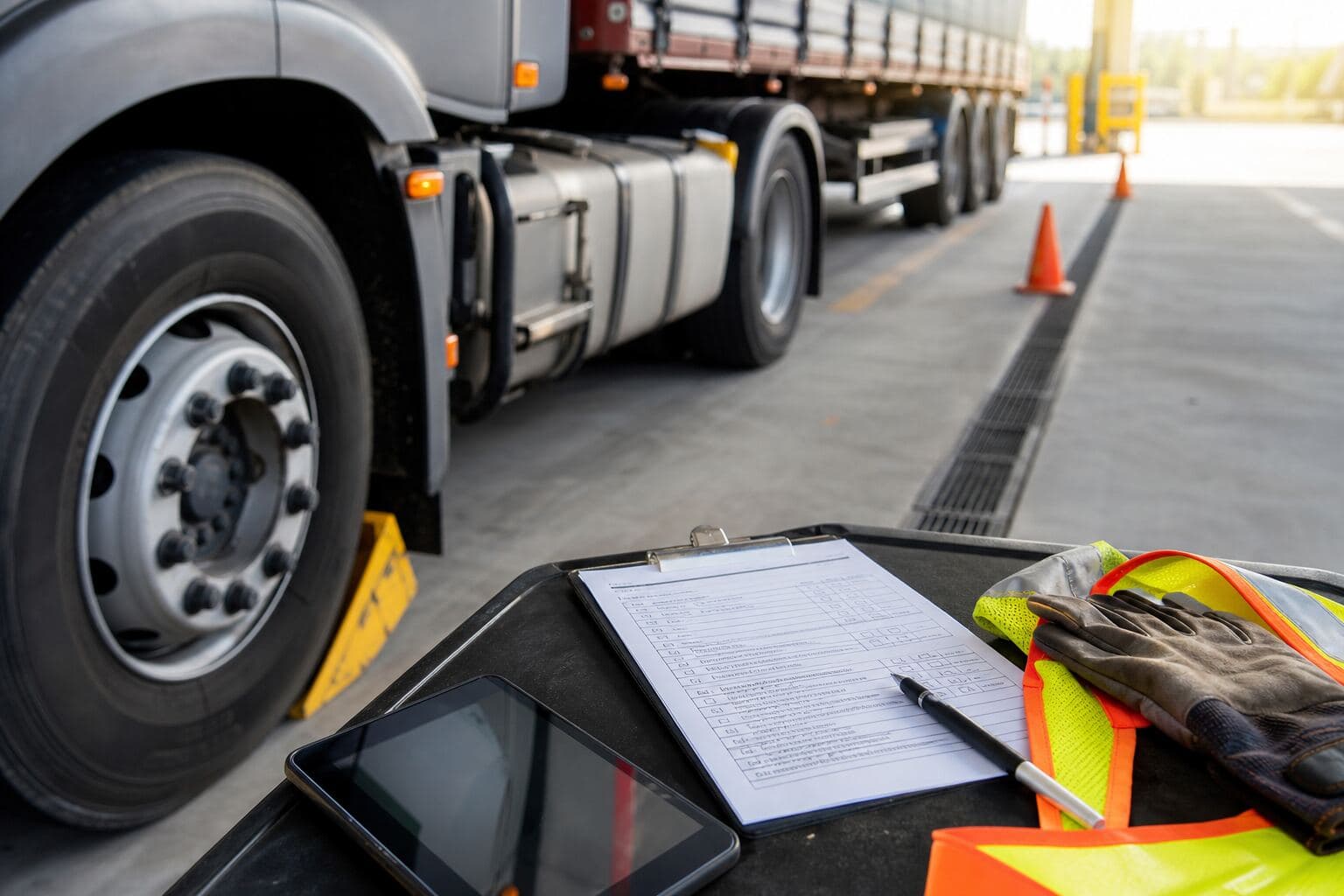 Truck safety inspection setup with checklist, tablet, high-vis gear, and wheel chock