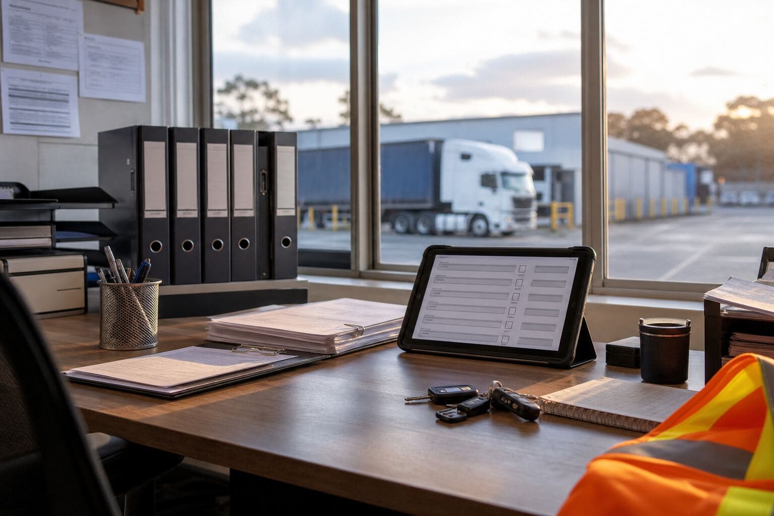 Transport administration desk with registration folders, tablet checklist, and depot yard view