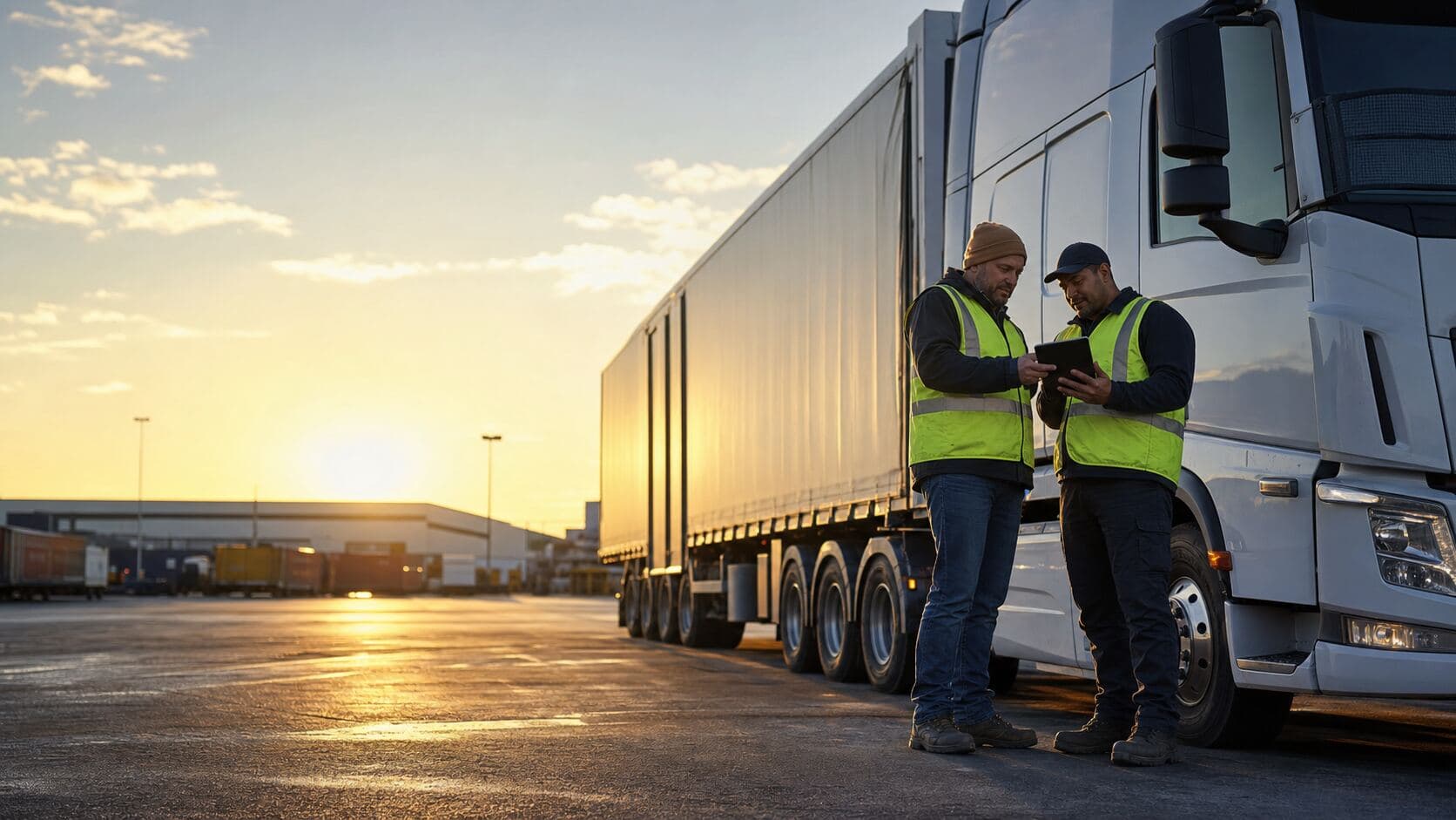 Transport operators reviewing fleet information beside a truck at dawn